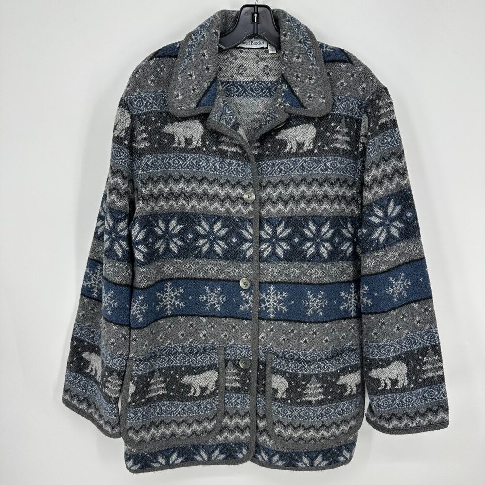 Vintage‎ Fair Isle Wool Jacket M Bear Trees Shacket Button Down Gray Blue